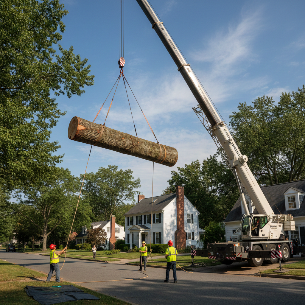 Crane-assisted tree removal over house